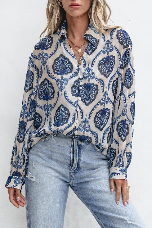 Relaxed Fit Damask Print Collared Button Down Shirt