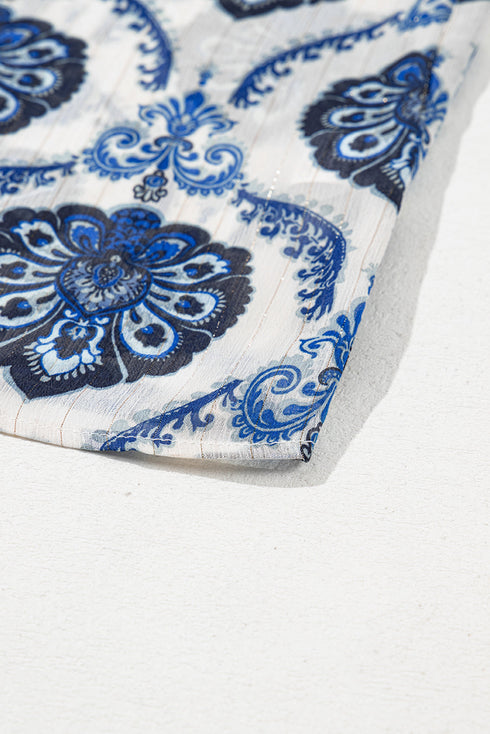 Relaxed Fit Damask Print Collared Button Down Shirt