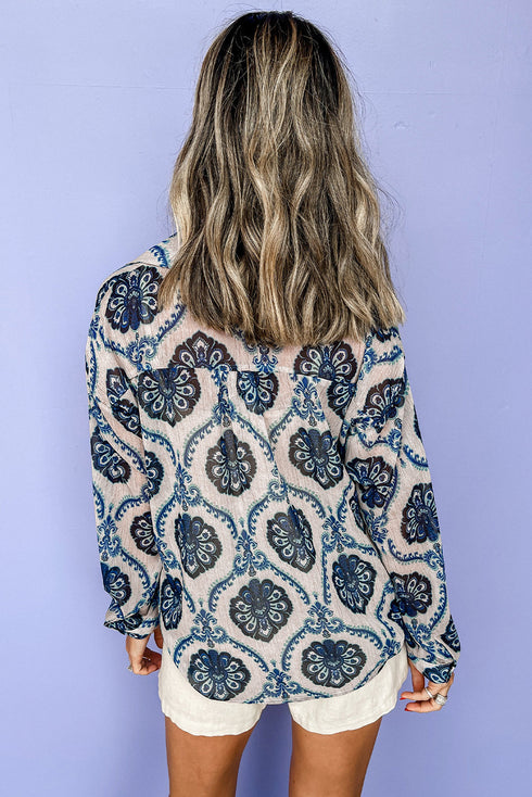 Relaxed Fit Damask Print Collared Button Down Shirt