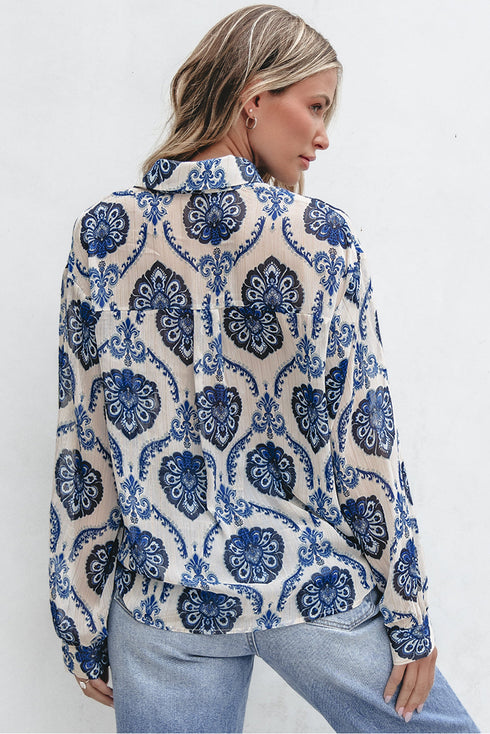 Relaxed Fit Damask Print Collared Button Down Shirt