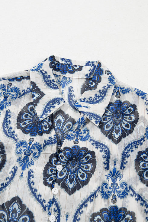 Relaxed Fit Damask Print Collared Button Down Shirt