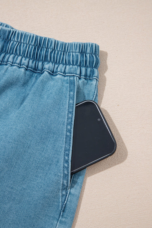 Relaxed Fit Drawstring Elastic Waistband Denim Shorts