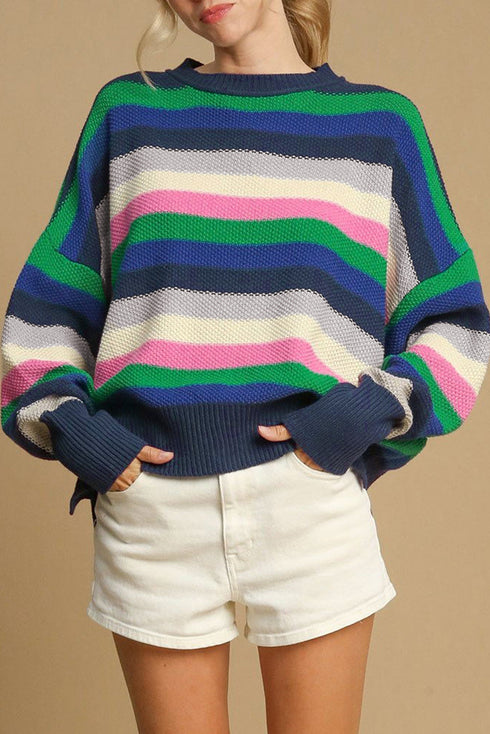Relaxed Fit Drop Shoulder Textured Knit Striped Sweater