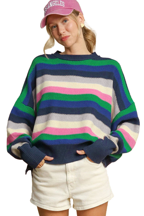 Relaxed Fit Drop Shoulder Textured Knit Striped Sweater