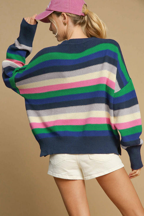 Relaxed Fit Drop Shoulder Textured Knit Striped Sweater