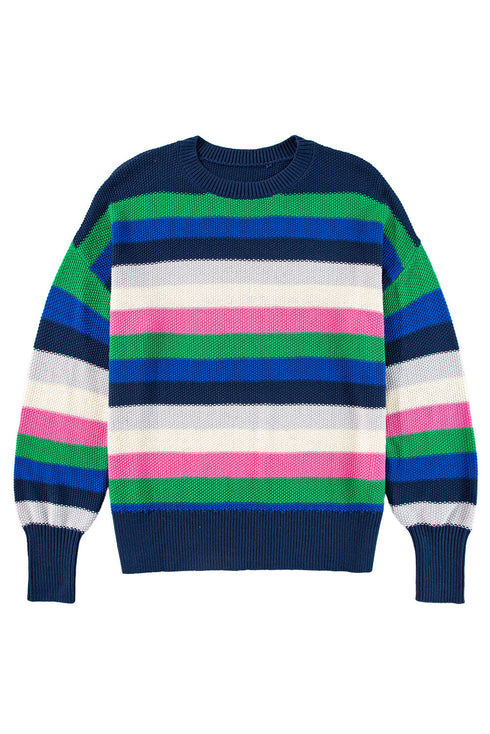 Relaxed Fit Drop Shoulder Textured Knit Striped Sweater