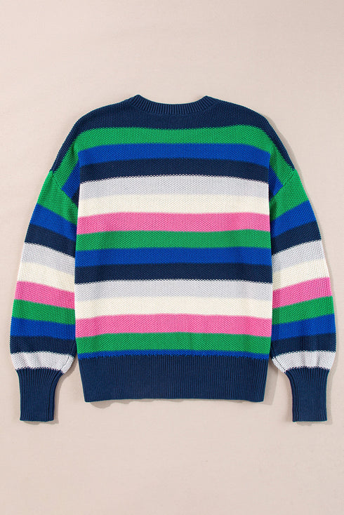 Relaxed Fit Drop Shoulder Textured Knit Striped Sweater