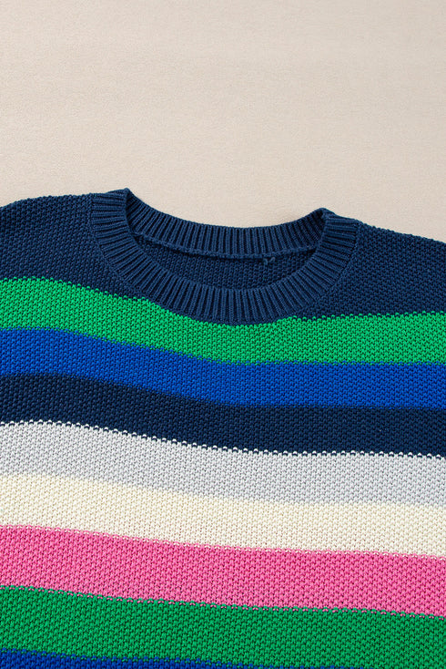 Relaxed Fit Drop Shoulder Textured Knit Striped Sweater