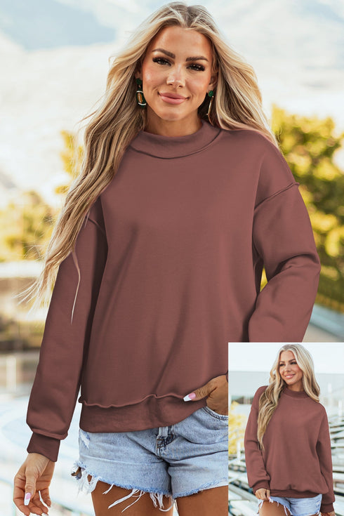 Relaxed Fit Exposed Seam Mock Neck Pullover Sweatshirt