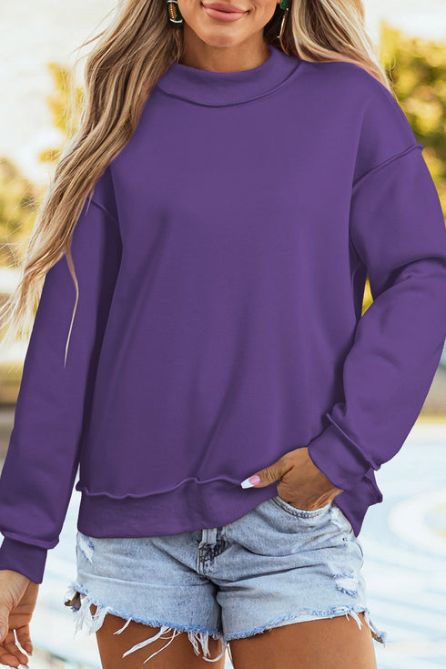 Relaxed Fit Exposed Seam Mock Neck Pullover Sweatshirt