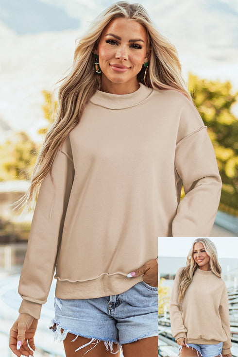 Relaxed Fit Exposed Seam Mock Neck Pullover Sweatshirt