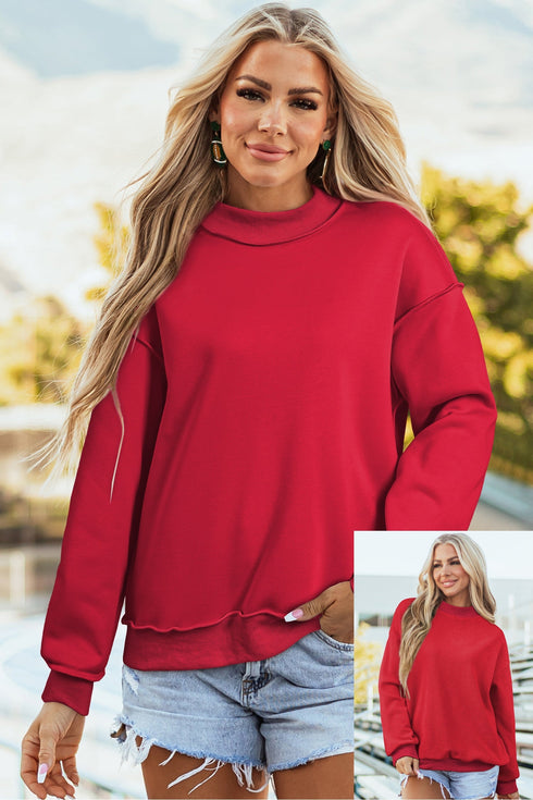 Relaxed Fit Exposed Seam Mock Neck Pullover Sweatshirt