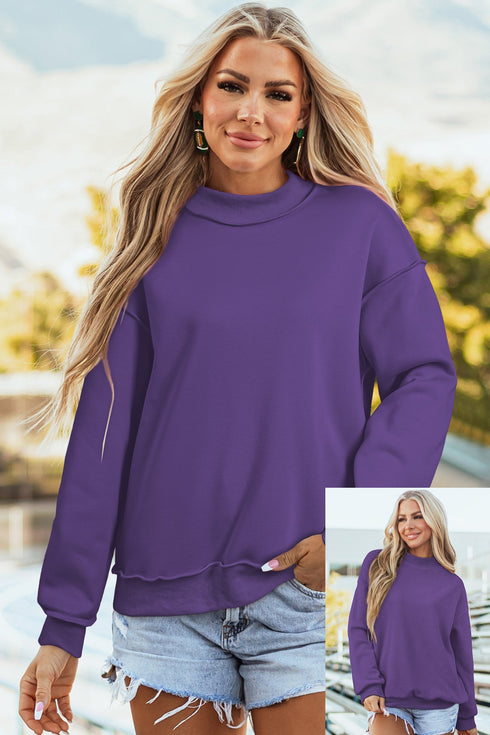 Relaxed Fit Exposed Seam Mock Neck Pullover Sweatshirt