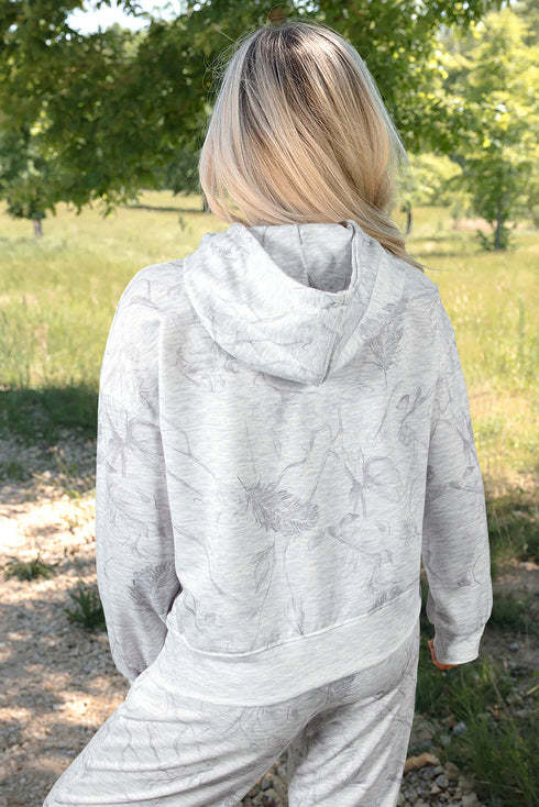 Relaxed Fit Feather Print Kangaroo Pocket Hoodie