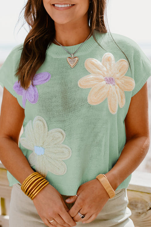 Relaxed Fit Floral Knit Short Sleeve Sweater