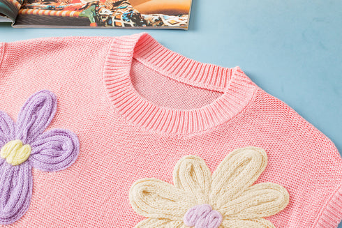 Relaxed Fit Floral Knit Short Sleeve Sweater