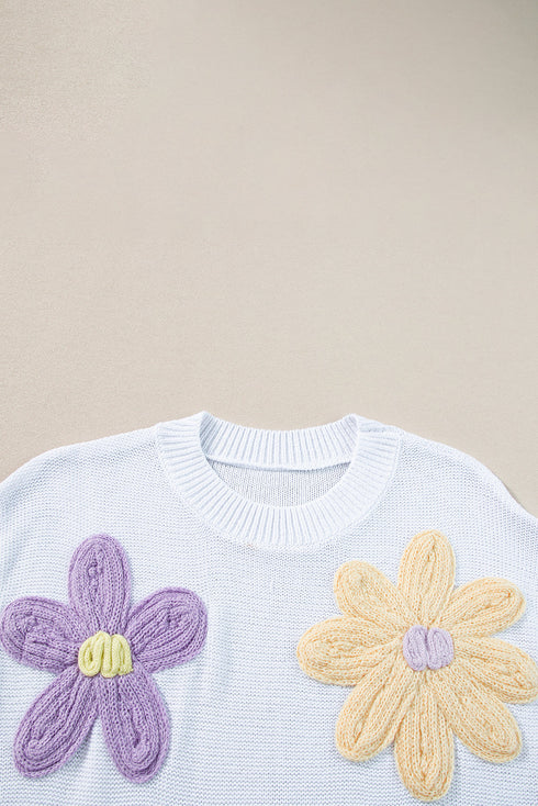 Relaxed Fit Floral Knit Short Sleeve Sweater