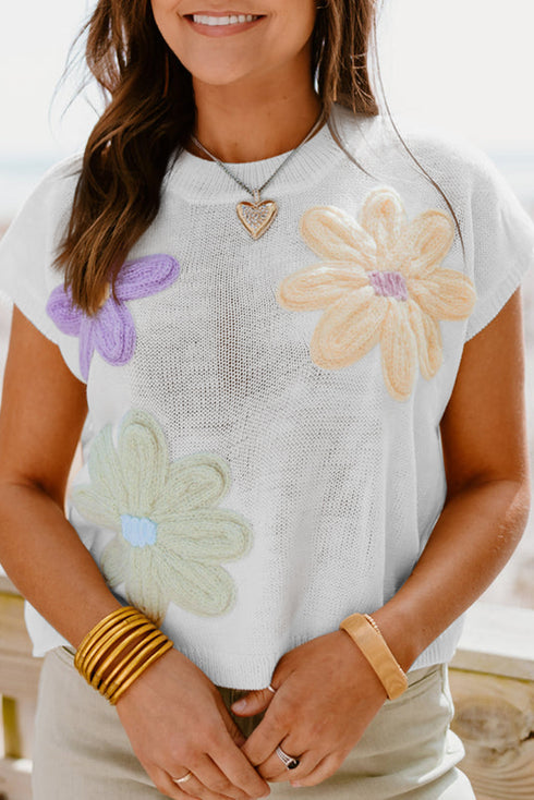 Relaxed Fit Floral Knit Short Sleeve Sweater