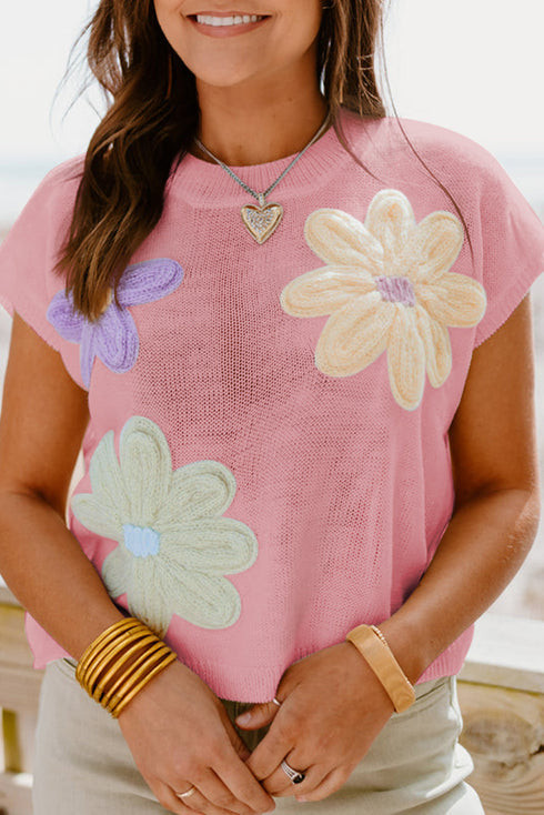 Relaxed Fit Floral Knit Short Sleeve Sweater