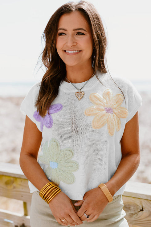 Relaxed Fit Floral Knit Short Sleeve Sweater