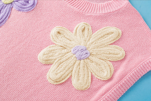 Relaxed Fit Floral Knit Short Sleeve Sweater