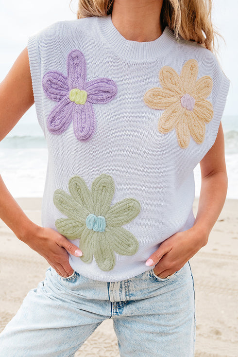 Relaxed Fit Floral Knit Short Sleeve Sweater
