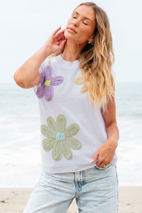 Relaxed Fit Floral Knit Short Sleeve Sweater