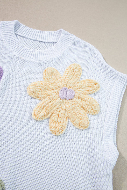 Relaxed Fit Floral Knit Short Sleeve Sweater