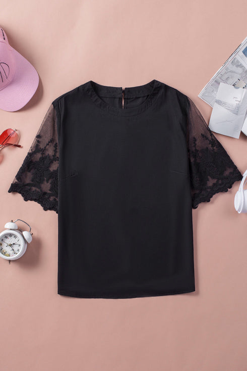 Relaxed Fit Floral Lace Short Sleeve V Neck Top