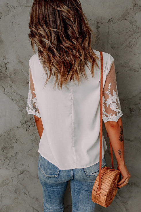 Relaxed Fit Floral Lace Short Sleeve V Neck Top