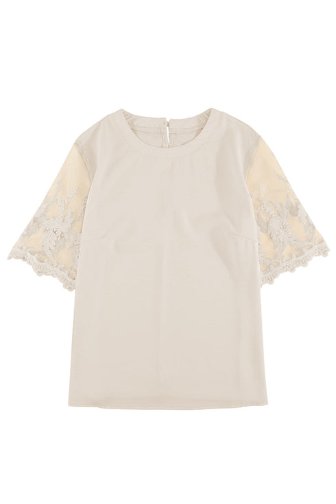 Relaxed Fit Floral Lace Short Sleeve V Neck Top