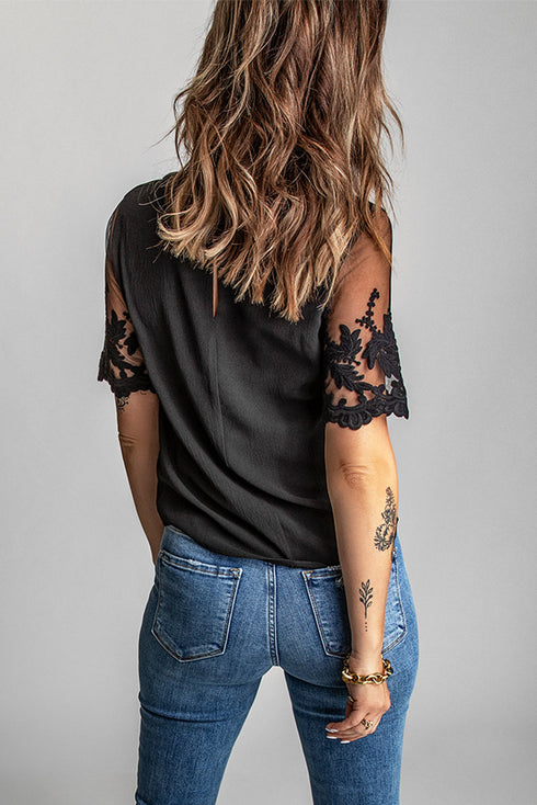 Relaxed Fit Floral Lace Short Sleeve V Neck Top