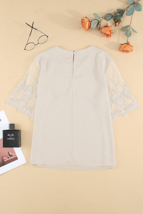 Relaxed Fit Floral Lace Short Sleeve V Neck Top