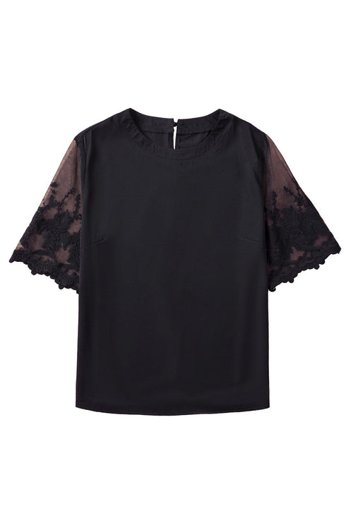 Relaxed Fit Floral Lace Short Sleeve V Neck Top
