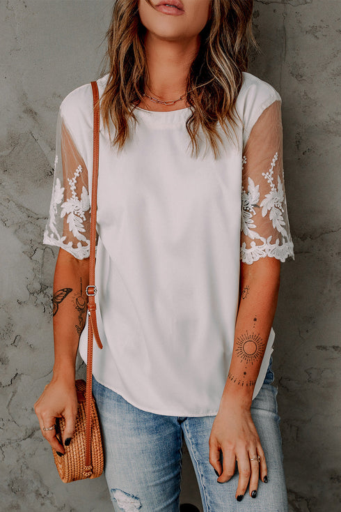 Relaxed Fit Floral Lace Short Sleeve V Neck Top