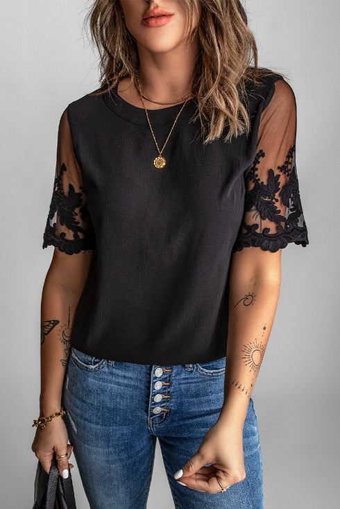 Relaxed Fit Floral Lace Short Sleeve V Neck Top
