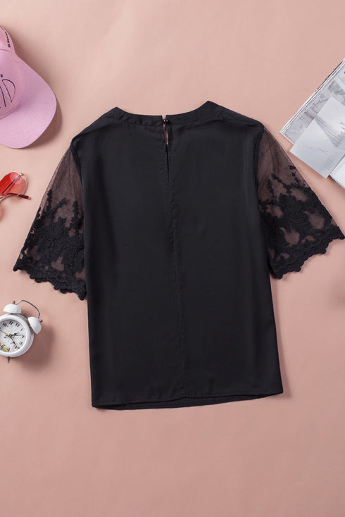 Relaxed Fit Floral Lace Short Sleeve V Neck Top