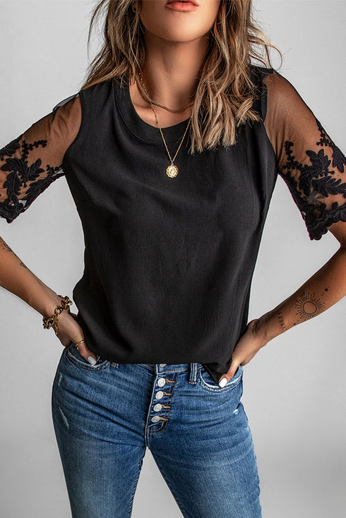 Relaxed Fit Floral Lace Short Sleeve V Neck Top