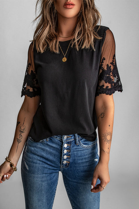 Relaxed Fit Floral Lace Short Sleeve V Neck Top