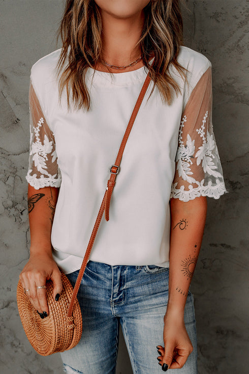 Relaxed Fit Floral Lace Short Sleeve V Neck Top
