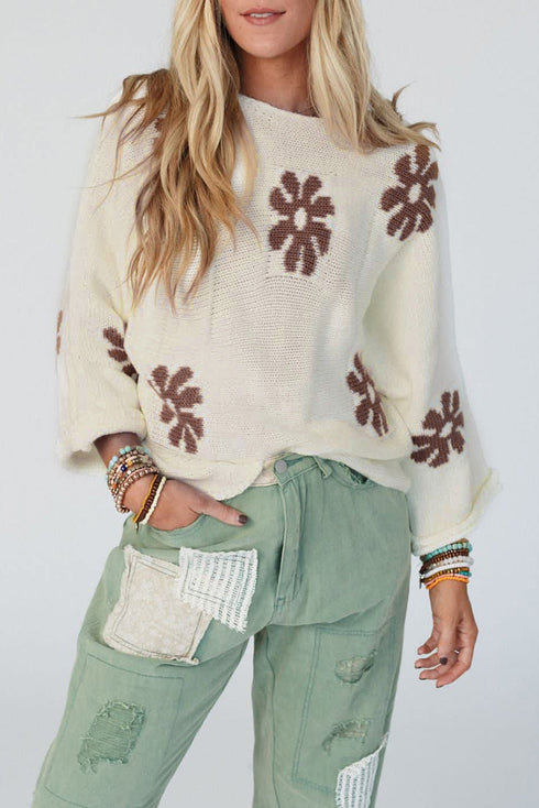 Relaxed Fit Floral Motif Rolled Hem Sweater