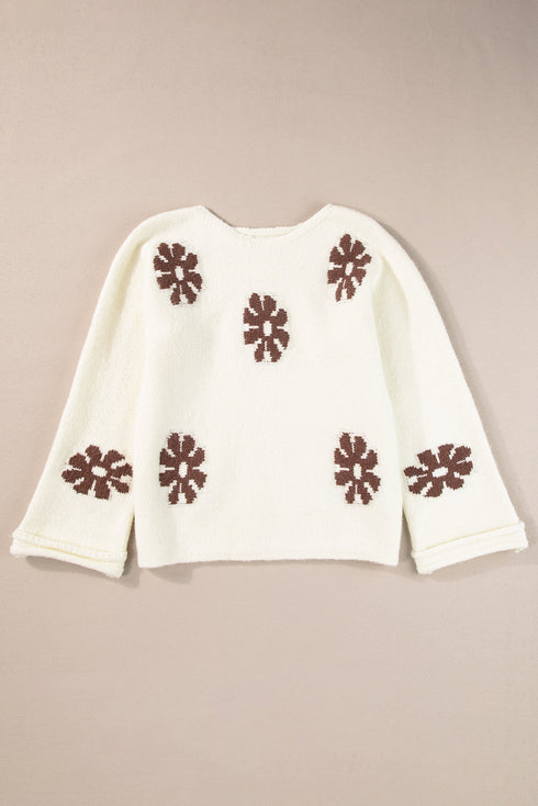 Relaxed Fit Floral Motif Rolled Hem Sweater
