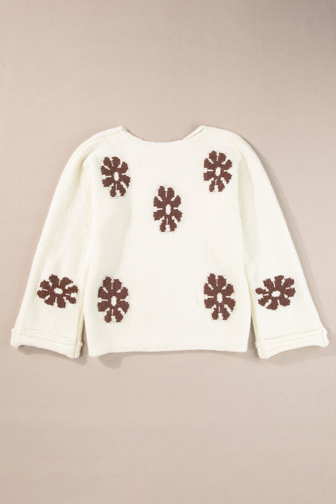 Relaxed Fit Floral Motif Rolled Hem Sweater