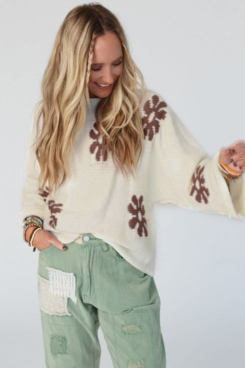 Relaxed Fit Floral Motif Rolled Hem Sweater