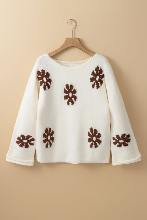 Relaxed Fit Floral Motif Rolled Hem Sweater