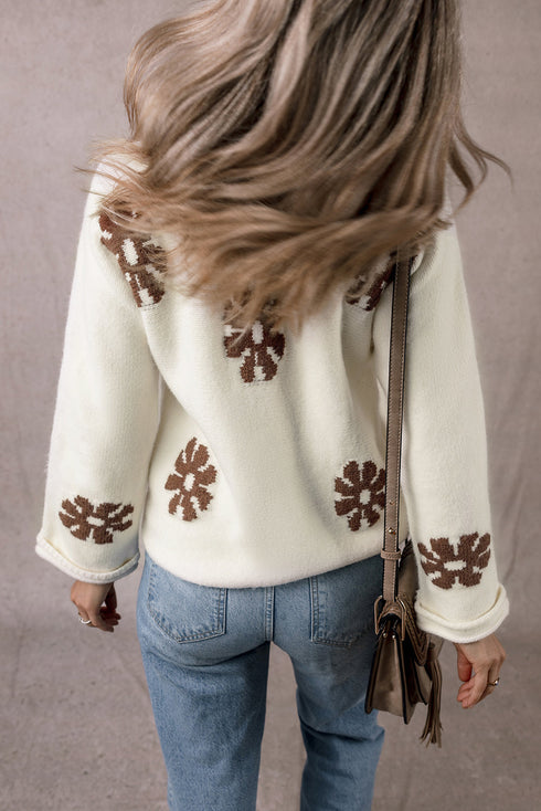 Relaxed Fit Floral Motif Rolled Hem Sweater