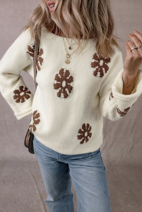 Relaxed Fit Floral Motif Rolled Hem Sweater