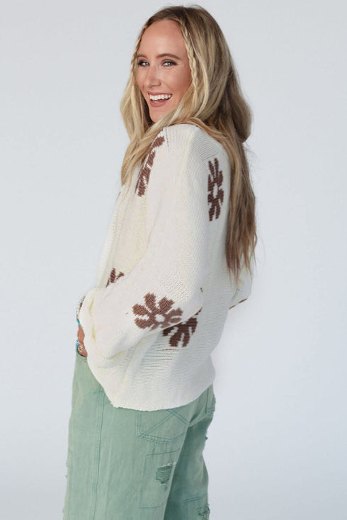 Relaxed Fit Floral Motif Rolled Hem Sweater