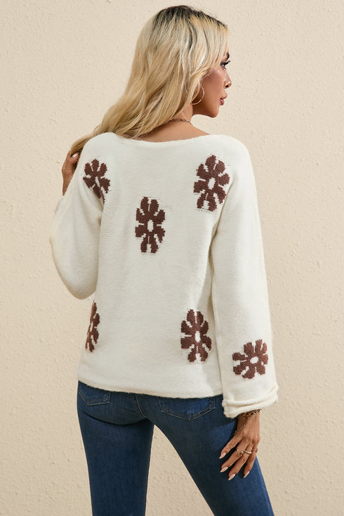 Relaxed Fit Floral Motif Rolled Hem Sweater