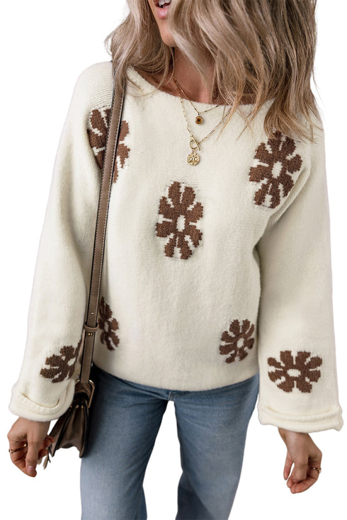 Relaxed Fit Floral Motif Rolled Hem Sweater